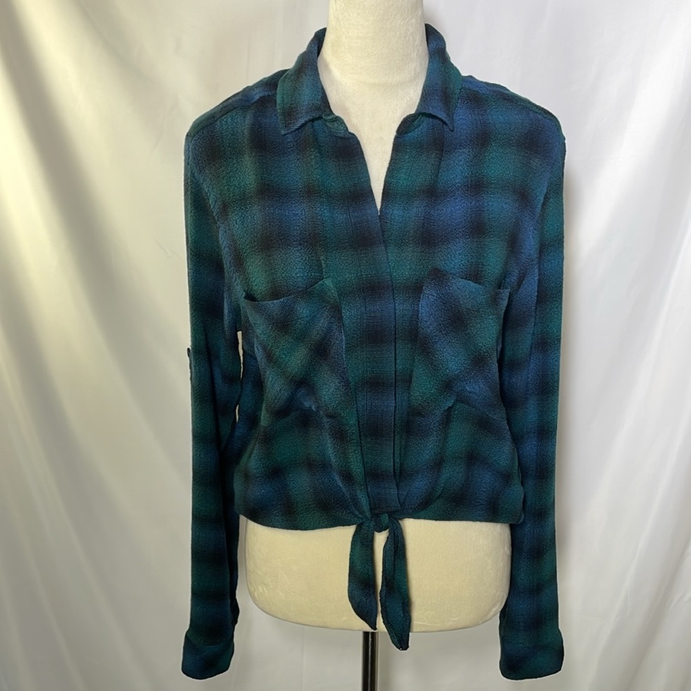 NWT Anthropologie Cloth & Stone Sapphire Plaid Tie Front Shirt Green Blue Medium